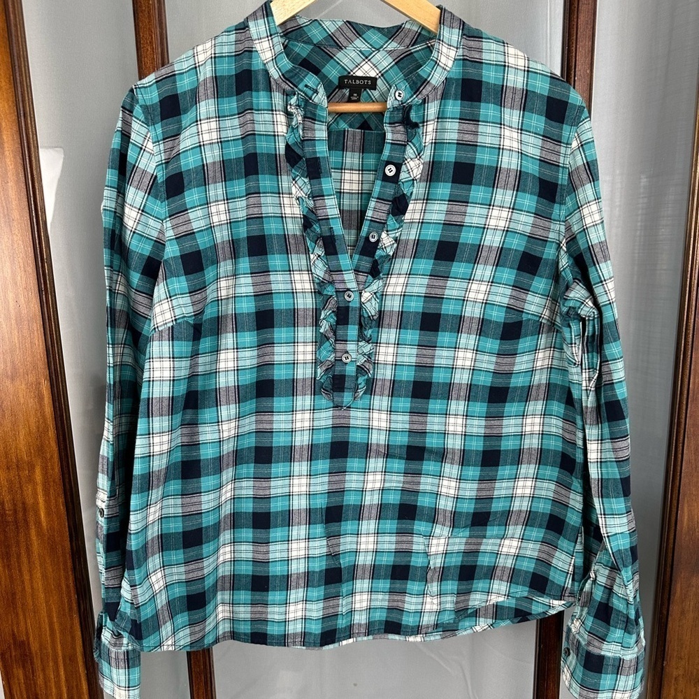 Talbots 16 Button Blouse Top Ruffle Front Plaid Roll Tab Sleeves Green Flannel‎
